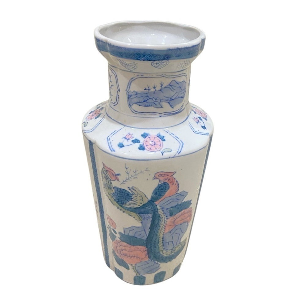Vintage 1990’s peacock porcelain Chinese style vase teal, blush, & sage green